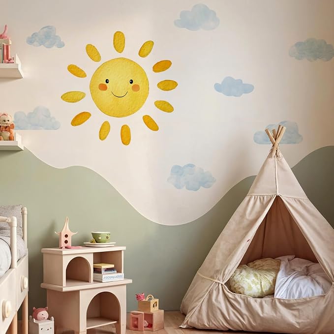 Large Sunshine Nursery Decor, Smile Sun and Cloud Wall Decal for Playroom, Classroom and Party, Watercolor Dreamy Drift