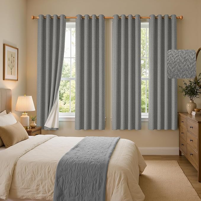 4 Panels 100% Blackout Linen-Textured Curtains, Thick Thermal Insulated Grommet Drapes with Subtle Herringbone Weave, Luxury Decor for Bedroom/Living Room, 54 x 63 Inches, Grey