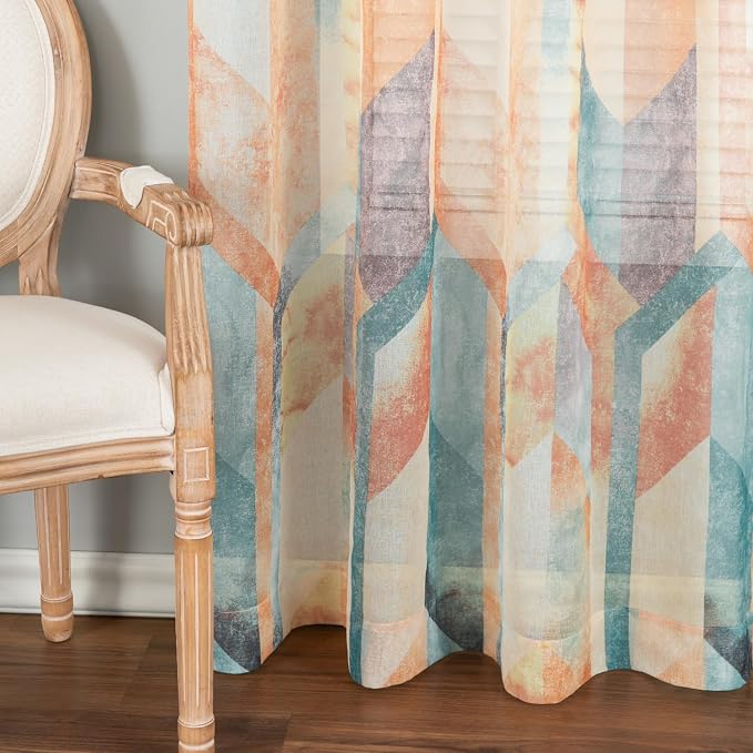 Leeva Airy Sheer Curtains 84 inches Long 2 Panels Set, Rod Pocket Orange Geometry Print Pattern Voile Sheer Drapes for Living Room Bedroom, 52" W x 84" L