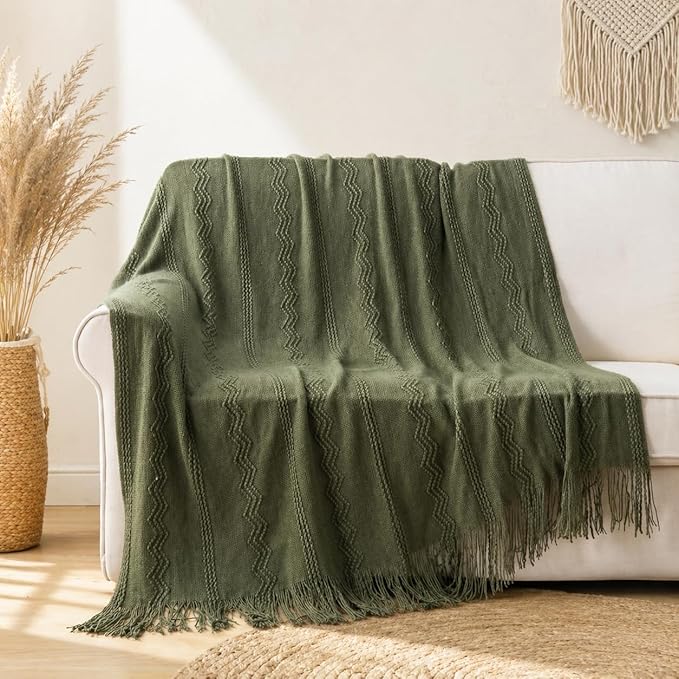 BATTILO HOME Olive Green Throw Blanket for Couch, Soft Army Green Blanket with Tassels for Home Decor, Decorative Knitted Throws for Couch Cover, 50"x60"