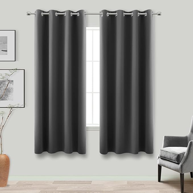 KOUFALL 64 Inch Curtains for Bedroom 2 Panel Set Grommet,Light Blocking Thermal Insulated loth Fabric Blackout Curtains for Living Room Rental Bathroom Window,Charcoal Grey