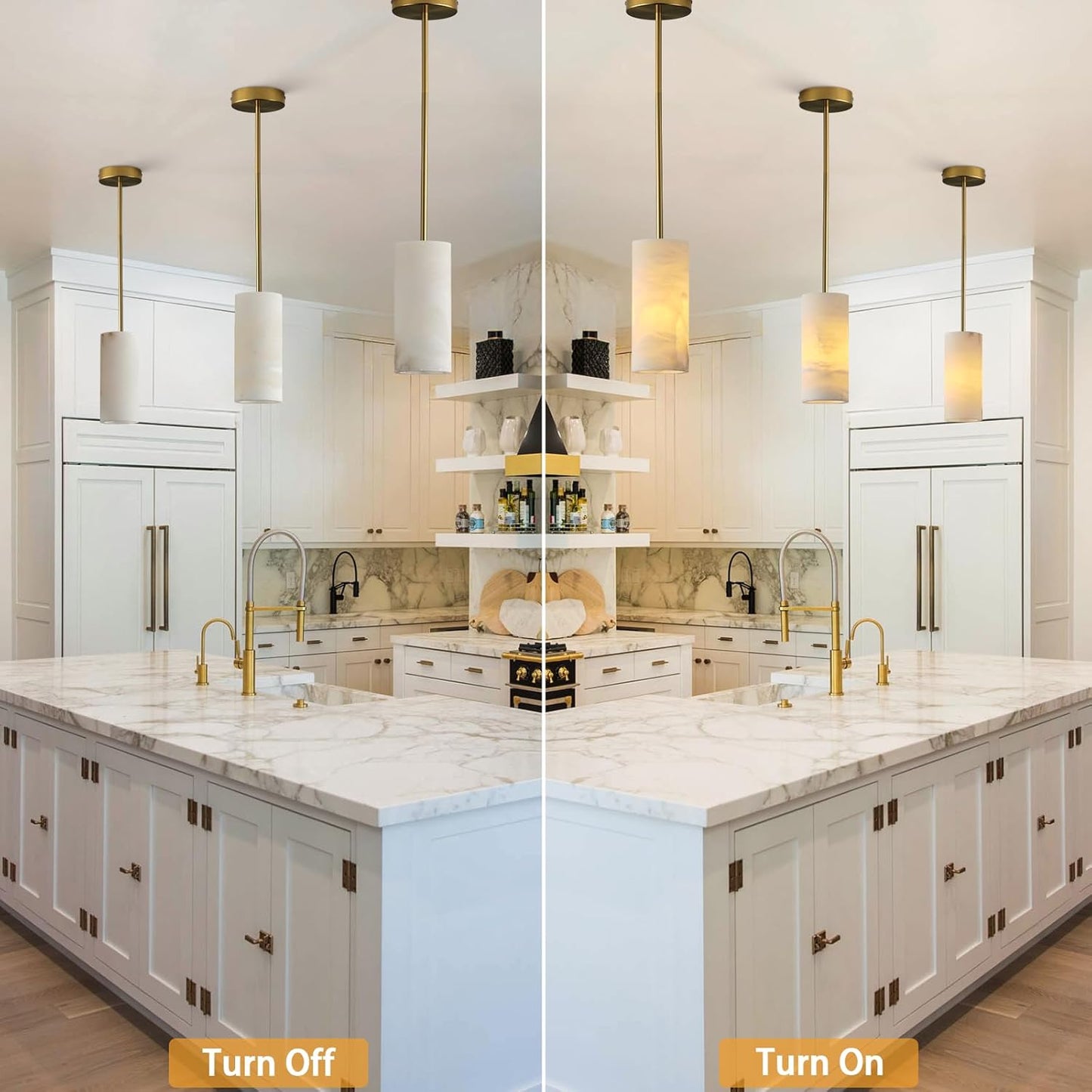 Alabaster Pendant Light Kitchen Island, H-9.5in Brass Pendant Light Fixtures with Natural Marble Shade, Adjustable Ceiling Pendant for Dining Room, Living Room, Bedroom & Bathroom