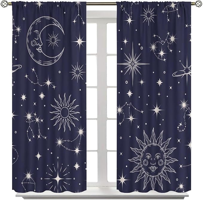Sun Moon Blackout Curtains, Vintage Mysticism Art Modern Abstract Sun Moon Star Window Drapes, for Bedroom Living Room 72" W X 63" L