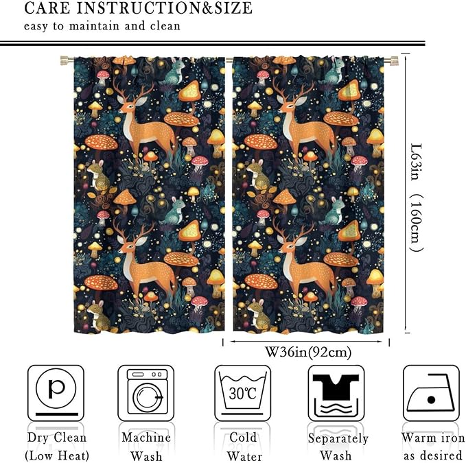 Fantasy Plant Curtains,Cute Woodland Deer Forest Animal Floral Mushroom Print Window Treatments for Bedroom Living Room Study Window Drapes 2 Panels Set,Total Size 72 x 63 Inch