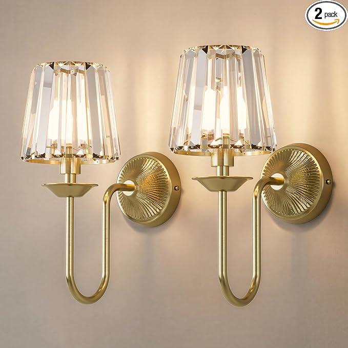 Brass Battery Operated Wall Sconces Set of Two, Crystal Wireless Rechargeable Wall Lights with Remote, Dimmable 3 CCT and 12 RGB Cordless Wall Lamps for Bedroom Living Room Hallway Decor