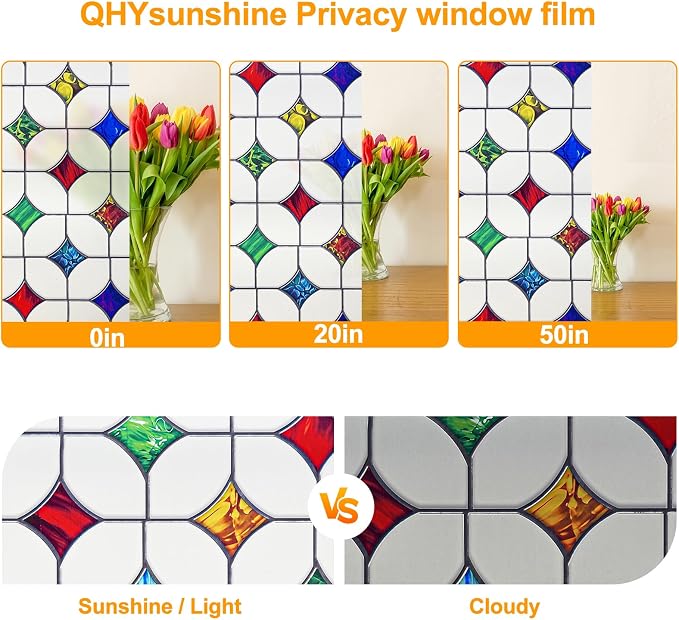 Stained Glass Window Film - Non-Adhesive Colorful Privacy Film, Frosted Mosaic, 35.4 X 157.4 in - Reusable & Renter Friendly for Bedroom/Bathroom Room Decor