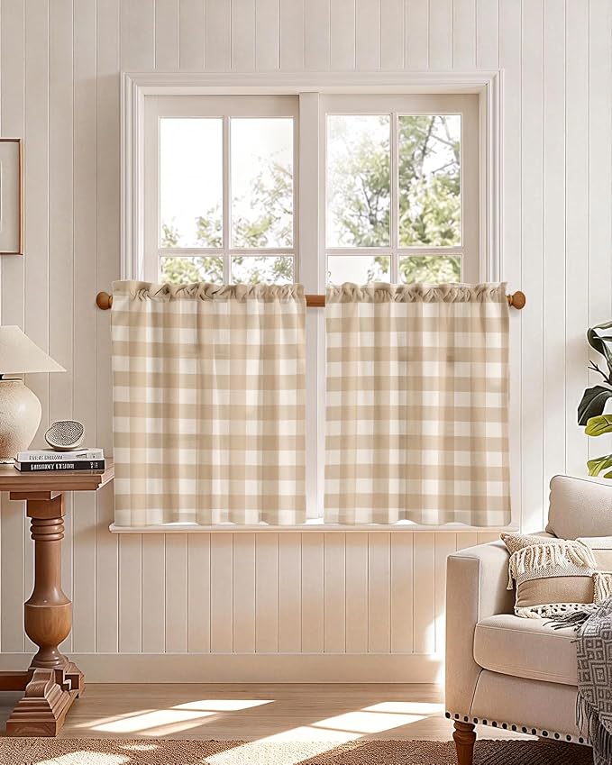 Miss Adola Farmhouse Kitchen Tier Curtains - 24 Inch Length Linen Blend Cafe Curtains Yellow Plaid Small Window Treatments Over Sink Rod Pocket for Bathroom Living Room Light Filtering, 2 Panels