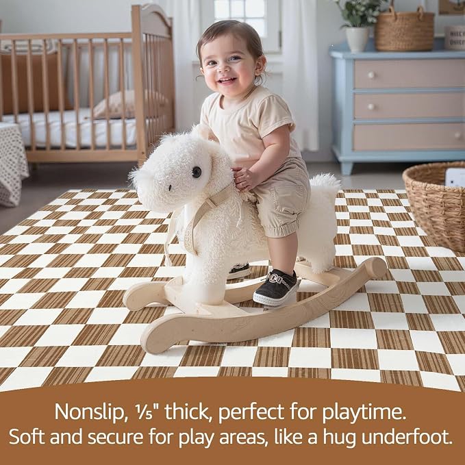 jinchan 6x9 Brown Checkered Area Rugs for Kids Room - Machine Washable Rug Modern Neutral Geometric Lattice Soft Non-Slip Carpet for Nursery Playroom Classroom Living Room Bedroom Home Office