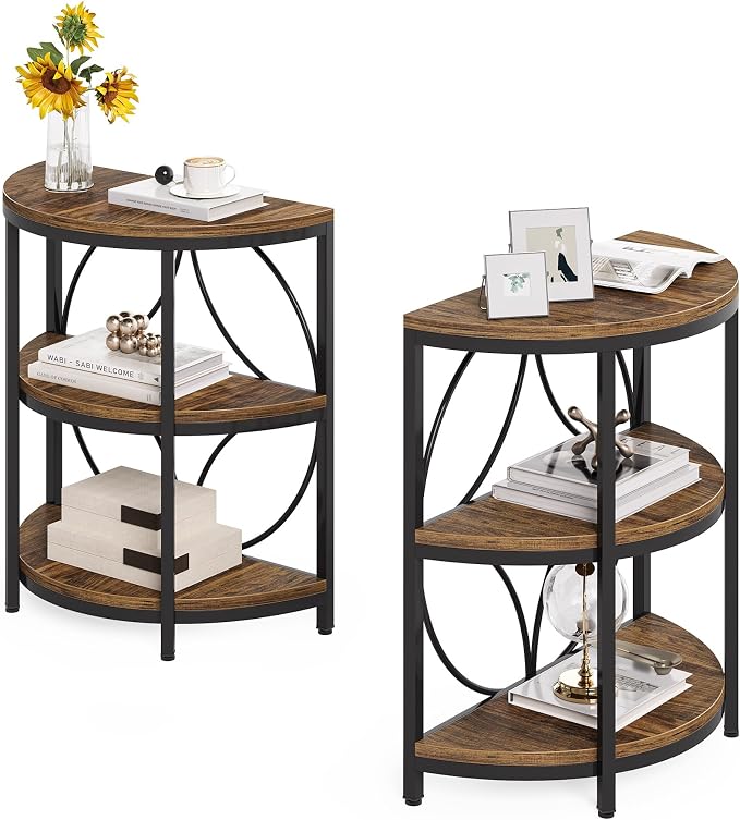 LITTLE TREE Half Round End Table, 3-Tier Narrow Side Table with Metal Frame, Half Circle Table, Half Moon Small Coffee Accent Table Bedside Table for Living Room, Bedroom
