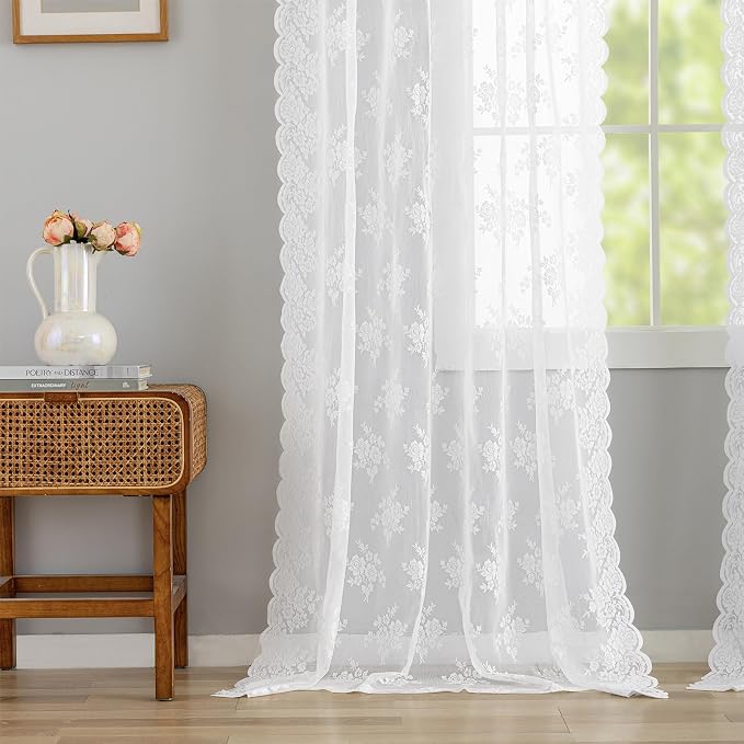 Kotile White Lace Curtains 108 Inches Long 2 Panels W52 x L108 Inch, Country Rustic Floral White Lace Sheer Curtains for Living Room, Rod Pocket Privacy Light Filtering Vintage Lacy Curtain 9FT