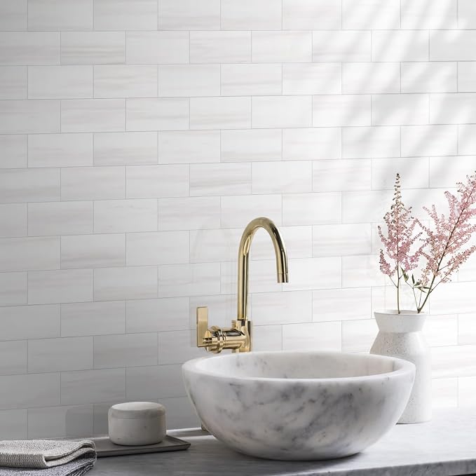 Vamos Tile 4-Piece Glossy Dolomite White Peel and Stick Backsplash Tile,3''x6'' PVC Subway Tile with White Grout, Stick on Backsplash for Kitchen/Bathroom/Fireplace