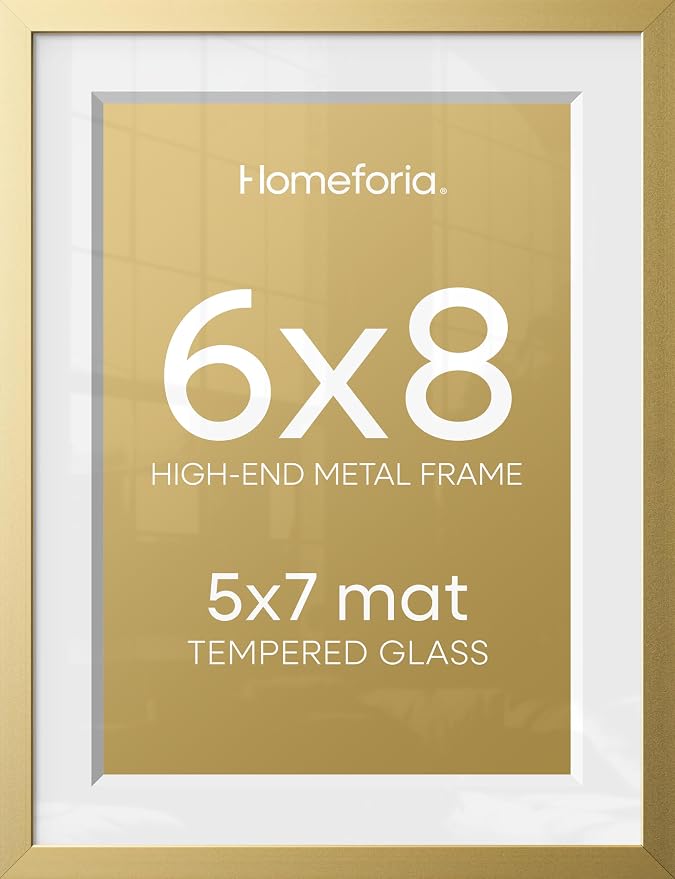 Homeforia 6x8 Picture Frame Gold, High End Metal 6 x 8 Frames with Mat 5 by 7 for Print, Photo Frame 6x8 Gold Matted to 5x7 inches Art, 6by8 Wall or Tabletop Frames, Tempered Glass, Wall Kit, Set of 2