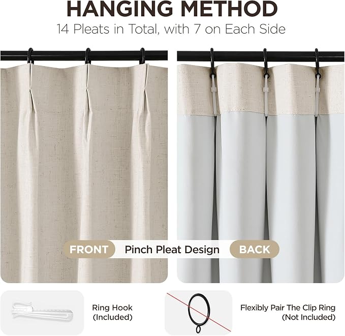 Joydeco Pinch Pleated Linen Curtains for Living Room, 100% Blackout Darkening Curtains 72 inches Length 2 Panel Thermal Insulated Pinch Pleat Drapes(Ecru,40'' Wx72'' L)