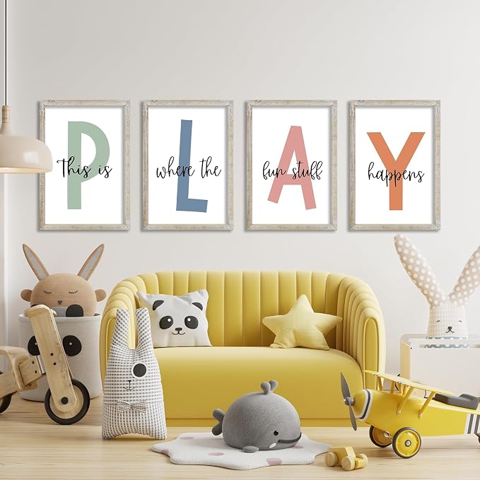 This Is Where The Fun Stuff Happens Kids Playroom Wall Art Decor 16x11 Inch Set Of 4 Rustic Kids Wood Framed Sign Toddler Modren Nursery Interesting Let's Play Prints Wall Hanging (White)