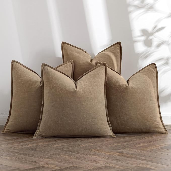 MIULEE Khaki Boho Linen Decorative Pillow Covers 24x24 Inch Pack of 4 | Natural Throw Pillow Covers Soft Farmhouse Couch Pillowcases Modern Home Decors for Living Room Bed Sofa