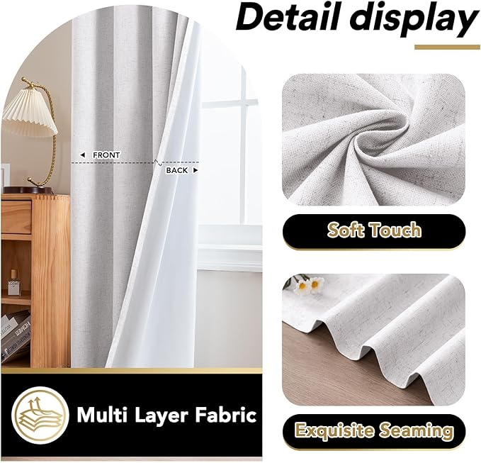 PrinceDeco Nature Linen Blackout Curtains 54 Inch Long Thermal Insulated Draperies Sun Block & Room Darkening Curtains for Bedroom Windows with Nickel Grommet(2 Panels Set,Heathered White)