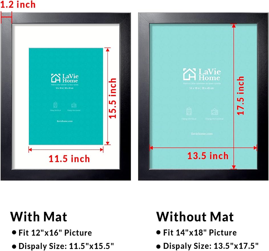 LaVie Home 14x18 Picture Frame Black Poster Frame,Display Pictures 12x16 with Mat or 14x18 Without Mat, Stable and Sturdy Frame and Polished Plexiglass, Horizontal and Vertical Format of The Walls