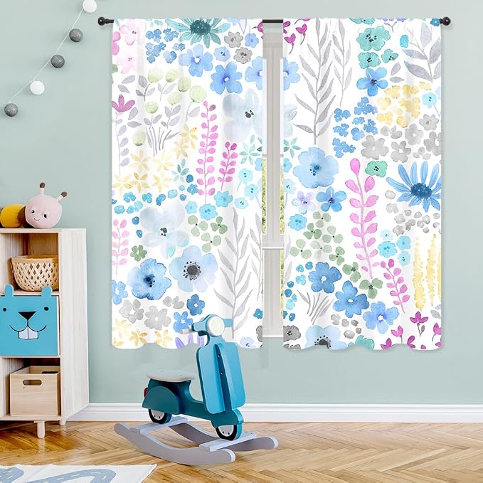 Riyidecor Blue Grey Floral Curtains Cute Boho Wildflower Trendy Watercolor Plant Leaves Botanical Rod Pocket Modern Elegant Aesthetic Kids Bedroom Living Room Treatment Fabric 2 Panels 42Wx63H Inch