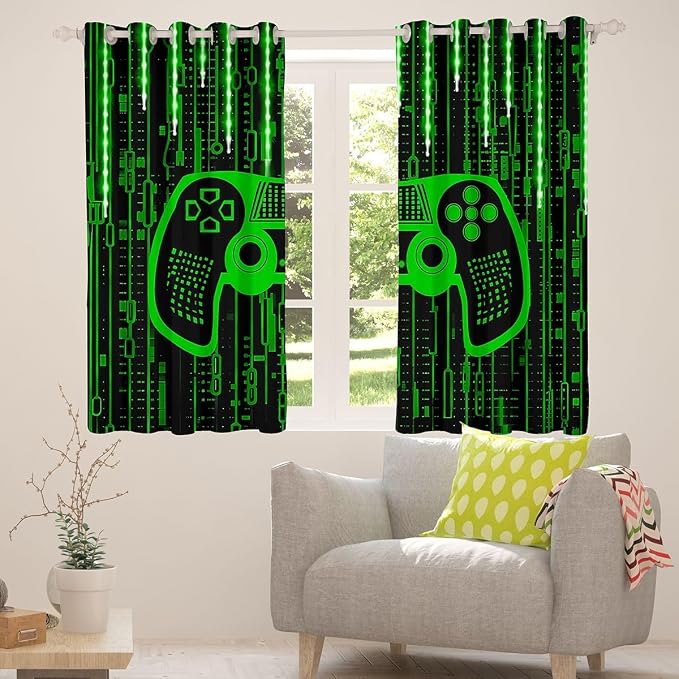 Feelyou Kids Boys Green Gaming Window Curtains Gamer Darkening Drapes Light 3D Gamer Blackout Curtains for Modern Game Window Treatments Game Room (2 Panels, 52 x 84 Inch)