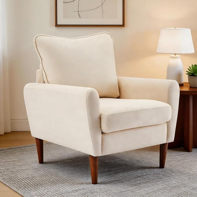 OLIXIS Comfy Accent Chair for Living Room Bedroom and Waiting Room, Upholstered Mid-Century Reading Chair with Pillow and Solid Wood Legs, Wide Singe Modern Lounge Sofa, Wheat