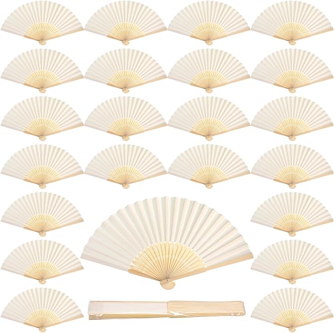 Qunclay 60 Pcs White Paper Hand Fans Bulk Bamboo Folding Handheld Wedding Fans for Bridal Dancing Party Favors Church Home Decoration Gift DIY Supplies Stage Props in OPP Individual Package