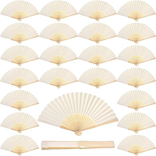 Qunclay 60 Pcs White Paper Hand Fans Bulk Bamboo Folding Handheld Wedding Fans for Bridal Dancing Party Favors Church Home Decoration Gift DIY Supplies Stage Props in OPP Individual Package