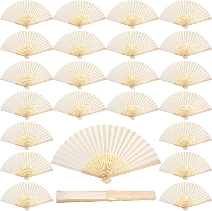 Qunclay 6 Pcs Paper Hand Fans Bulk Bamboo Folding Handheld Wedding Fans for Bridal Dancing Party Favors Church Home Decoration Gift DIY Supplies Stage Props in OPP Individual Package (White)