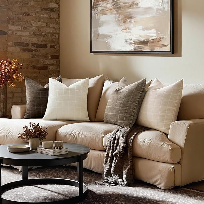 MIULEE Taupe Grey Plaid Decorative Fall Throw Pillow Covers 22x22 Set of 2 | Vintage Check Chenille Couch Pillows Boho Farmhouse Cushion Covers Modern Fall Home Decor for Sofa Bed Living Room