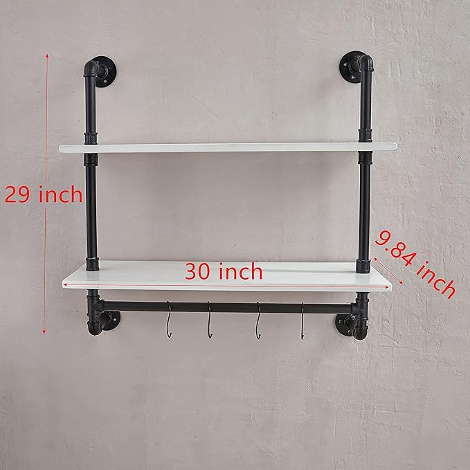 ROGMARS White Floating Wall Shelves Industrial Pipe Shelving 30 Inch | Wood Bathroom Shelves with Towel Bar Over Toilet, Rustic Farmhouse Pipe Wall Shelves for Kitchen Living Room
