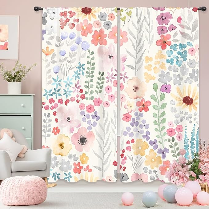 Riyidecor Colorful Floral Curtains Pink Wildflower Cute Boho Flower Plant Leaves Botanical Trendy Rod Pocket Pretty Aesthetic for Girls Bedroom Living Room Treatment Fabric 2 Panels 52Wx84H Inch