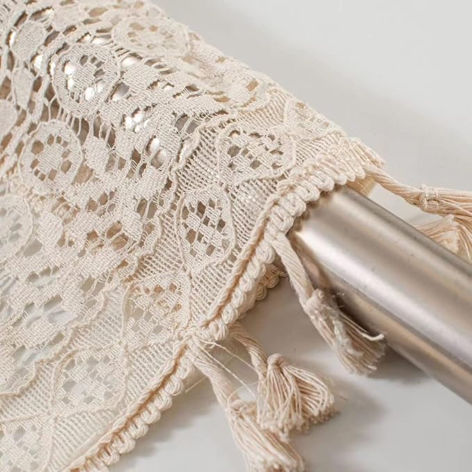 Sutuo Home Beige Boho Lace Short Curtain 36 inch Length for Kitchen Window Curtains Over Sink,Farmhouse Crochet Bohemian Valance Semi Sheer Vintage Chic Handmade Tassels, Rod Pocket,1 Panel 59" W