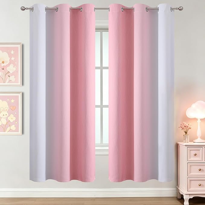 Estelar Textiler Pink and Greyish White Ombre Blackout Curtains 72 Inch Long for Kids Bedroom, Room Darkening Thermal Insulated Grommet Gradient Window Drapes for Living Room/Nursery, 42Wx72L,2 Panels