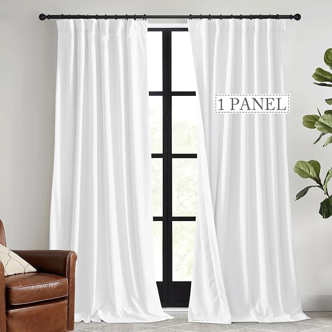 RYB HOME White Velvet Curtains 96 inch, 2 Layers Room Darkening Window Curtains for Living Room Thermal Insulated Privacy Backdrop with Pleat Tape, White, W48 x L96 inch, 1 Panel
