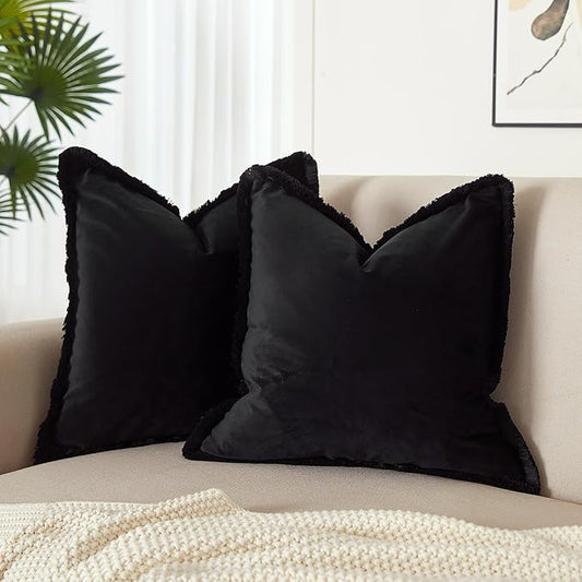 JUSPURBET Black Velvet Throw Pillow Covers 20x20 Inch Set of 2 with Soft Tassel Fringe Luxury Boho Pillowcase for Sofa Couch Bed Home Decor Machine Washable