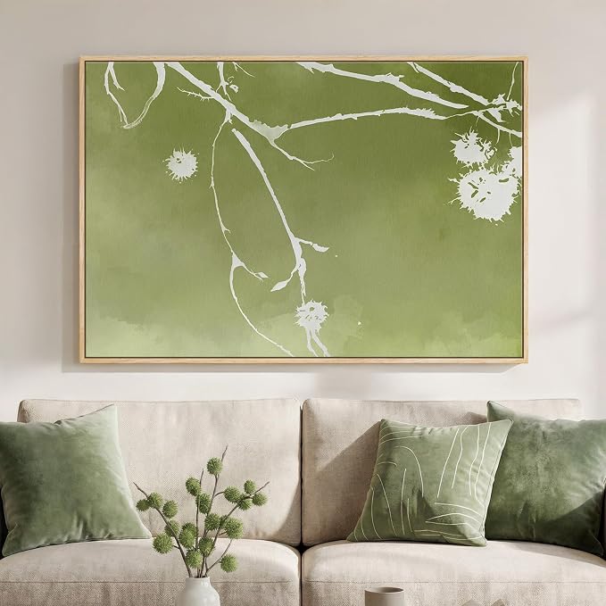 Framed Green Abstract Botanical Wall Art, Modern Minimalist Sage Green Canvas Prints Paintings for Walls, Rustic White Branch Pictures Wall Decor for Living Room Bedroom Dinning Room Office, 24x36 In