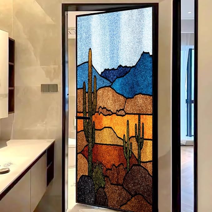 Abstract Desert Frosted Window Film, Colorful Cactus Texture Landscape Stained Glass Privacy Film, Heat Insulation Self-Adhesive Vinyl for Bathroom Office, 19.7Wx39.4L inch