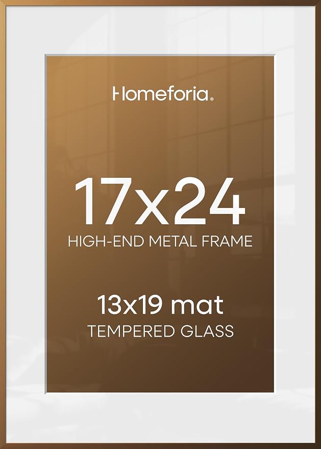 Homeforia 17x24 Picture Frame Bronze, High End Metal 17x24 Brass Poster Frames with Mat 13x19 Photo, 17 x 24 Frame Matted to 13 by 19 inch Print, 24by17 Thin Frames, Tempered Glass, Wall Kit, Set of 3