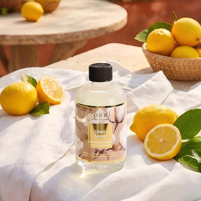 Cocorrína Reed Diffuser Refill Clean Linen 10.14oz (300ml) with 8 Sticks - Premium Long-Lasting Floral Essential Oil, Home Fragrance for Bedroom, Bathroom Home Decor