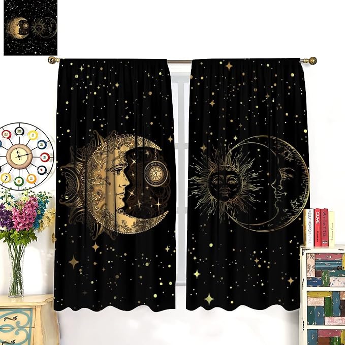 Sun and Moon Blackout Windows Curtains, Golden Planet Star Mysterious Galaxy Curtains Space Curtains, for Living Room Bedroom 63x72in 2 Panels