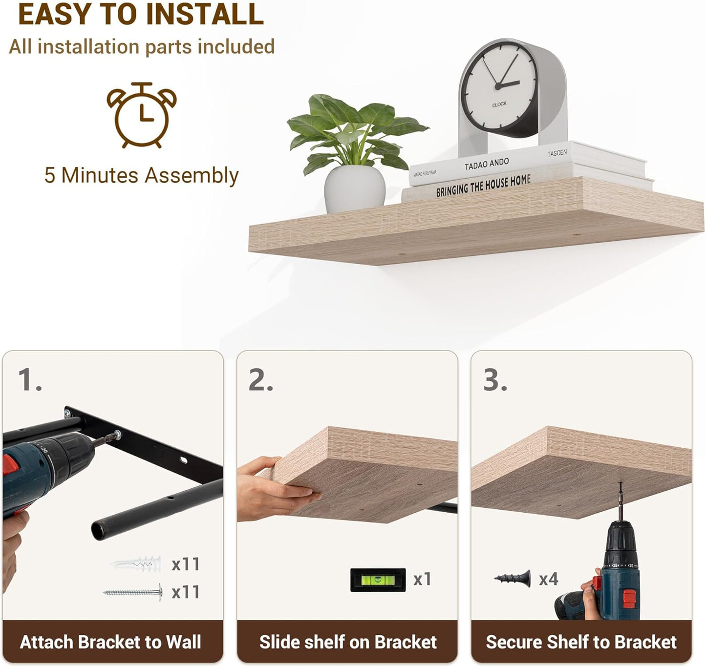 48 Inch Floating Shelves, 3D Textured Wood Grain, 48"x9.25"x1.5" Inch Deep Floating Shelves for Wall, Wooden Shelves for Bathroom, Bedroom, Living Room, Vintage White Oak