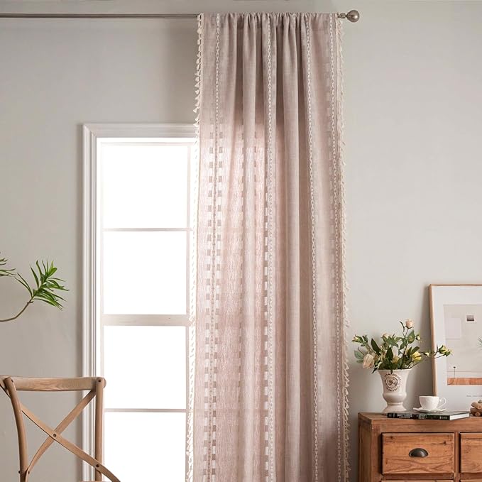 Deeprove Boho Curtain 72 inches Length for Living Room Bedroom, Light Brown Bohemian Coffee Linen Sheer 72 inches Long Tassel Stripe Embroidery Privacy Window Treatment W52 x L72, 1 Panel Natural