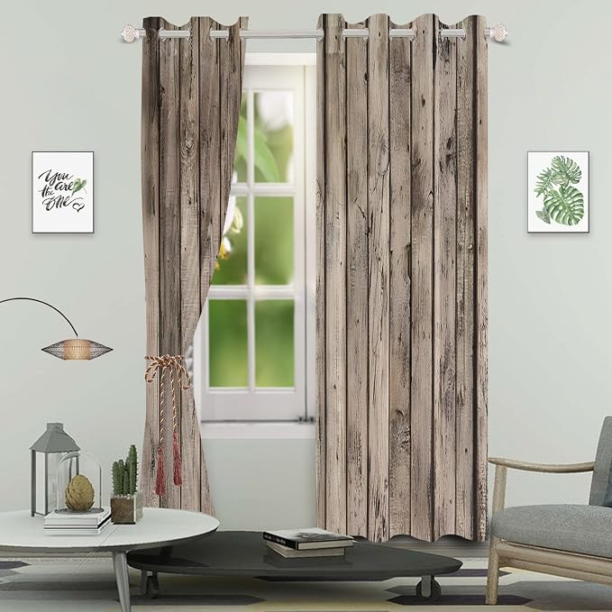 Rustic Curtains Vintage Grey Wood Barn Door Window Curtains Wood Planks American Rural Garage Door Drapes Earth Tone Wooden Door Window Treatments Native Farmhouse Decor,26x84 inch,2 Panels