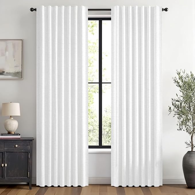 MIULEE 100% Blackout Linen Curtains for Bedroom, Bright White Solid Luxury Decor Thermal Insulation Room Darkening Drapes for Living Room Back Tab Rod Pocket 42 x 84 Inches, 2 Panels