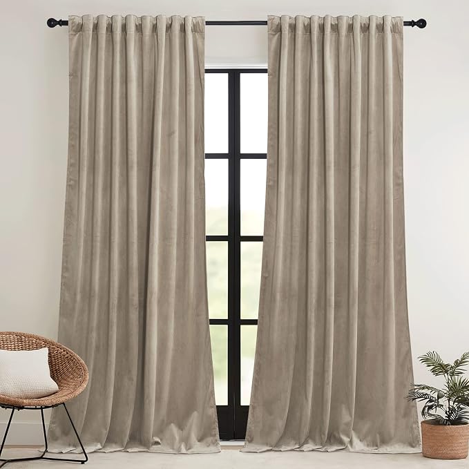 RYB HOME Camel Beige Velvet Curtains 108 inch, Room Darkening Window Curtains with Multiple Hanging Options Heavy Duty Plush Backdrop for Bedroom Guest Room, W52 x L108 inch, 2 Panels