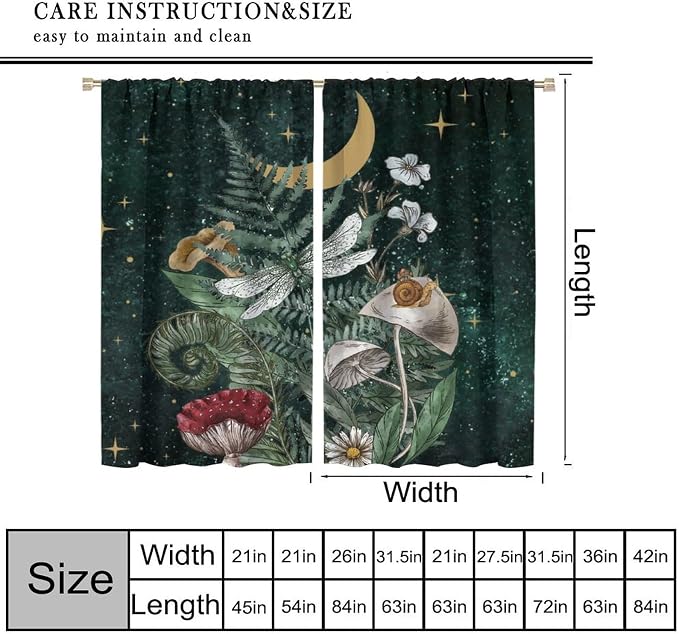 Vintage Mushroom Curtains, Watercolor Fern Botanical Mushroom Herbs Nature Plants Moon Stars Dark Green Universe Blackout Window Treatments for Kitchen Bedroom, 72" W X 63" L