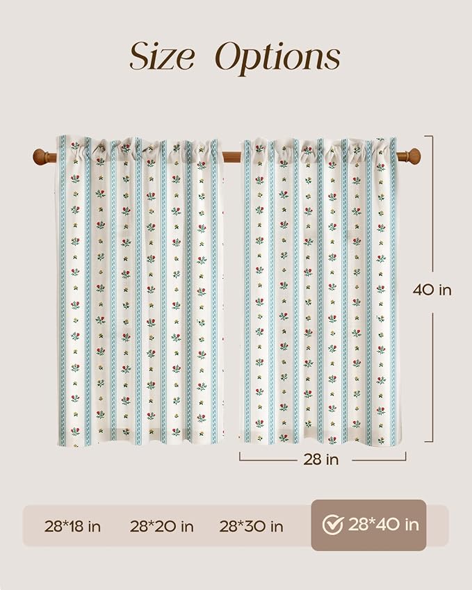 Miss Adola Farmhouse Kitchen Tier Curtains - 40 Inch Length Linen Blend Boho Cafe Curtains Blue Floral Small Window Treatments Over Sink Rod Pocket for Bathroom Living Room Light Filtering, 3 Panels