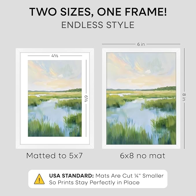 Homeforia 6x8 Picture Frame White, High End Metal 6 x 8 White Frames with Mat 5 x 7 for Art, 8x6 Desk Frame Matted to 5x7 inch Photo, 6 by 8 Wall or Tabletop Frames, Tempered Glass, Wall Kit, Set of 2
