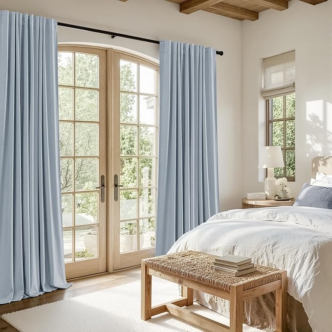 MIULEE 100% Blackout Linen Curtains for Bedroom 96 inches Long, Thermal Insulated Room Darkening Black Out Drapes for Living Room, Back Tab Rod Pocket, 2 Panels Set, 40 Wide x 96 Length, Light Blue