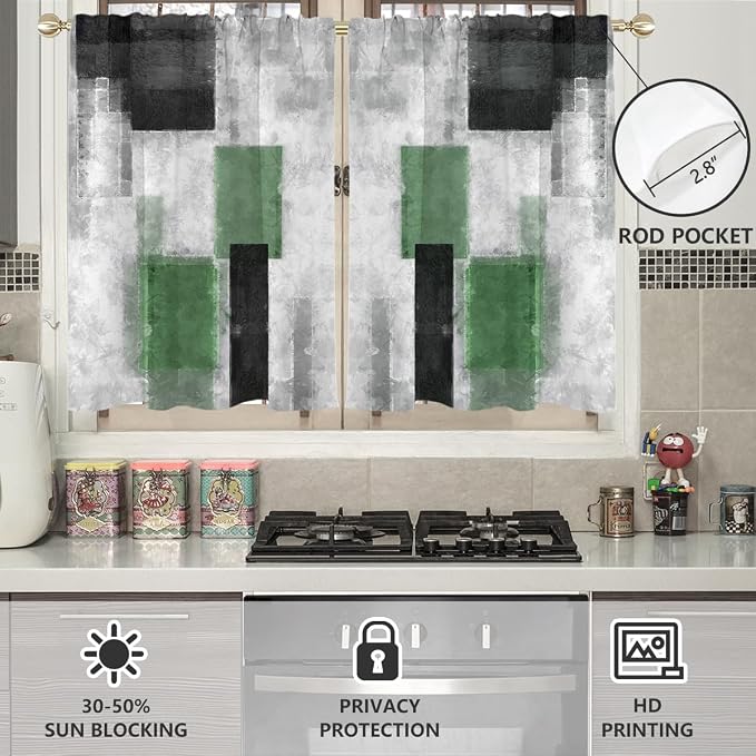 AAtter Green and Black Window Curtains for Kitchen Grey Sliver Abstract Geometric Square Small Short Home Living Room Bedroom Bathroom Drapes Treatment Tiers Fabric 1 Pair, 27.5" W x 39" L, Modern