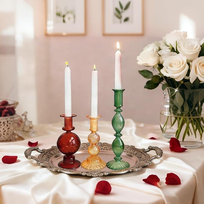 3pcs Glass Candlestick Holders Set of 3 for Decorations Vintage Ball Taper Candle Holder for Valentines Day Wedding Birthday Table Centerpiece